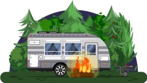 RV Camper Trailer and Campfire in Campsite Trees